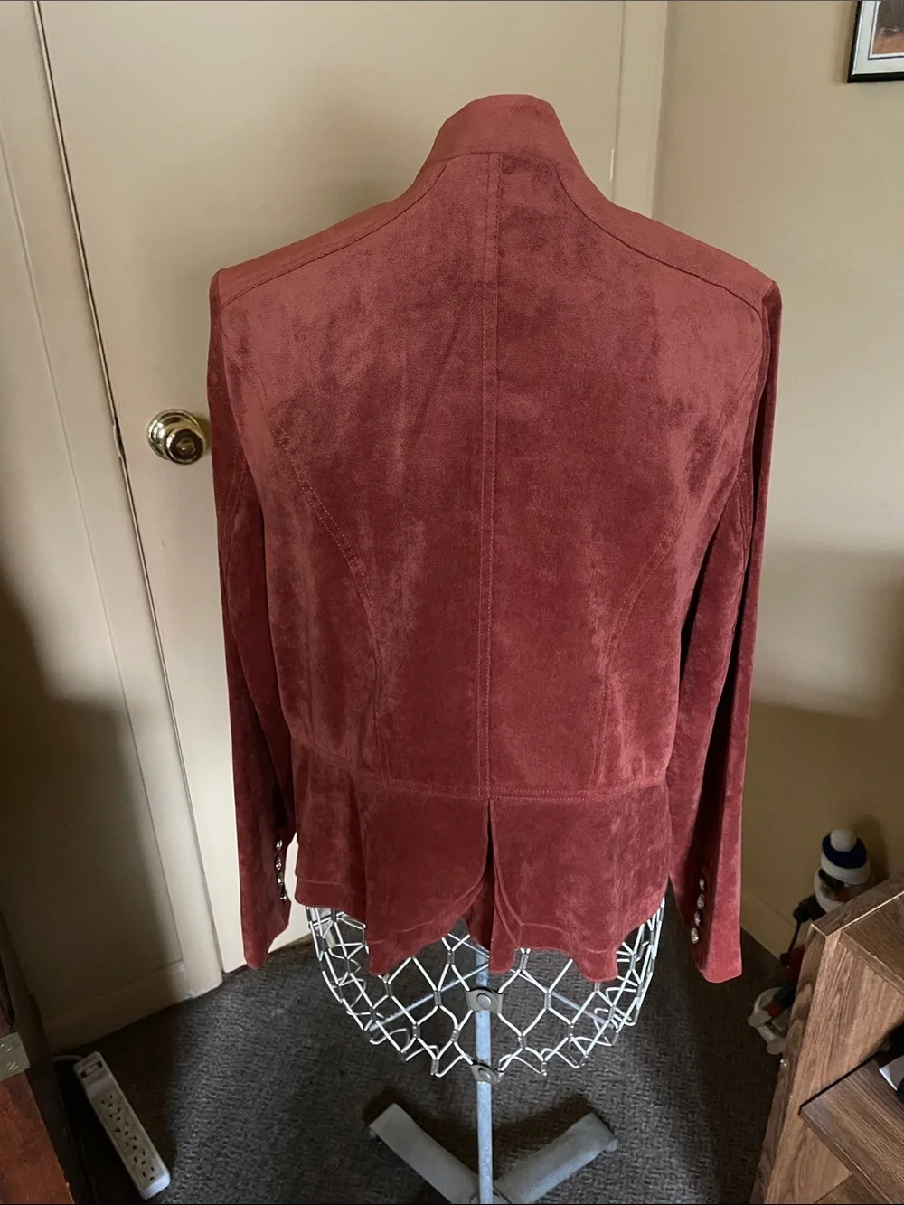 Double Breasted Suede Look Rust Color Ruffled Jacket - Picture 2 of 14